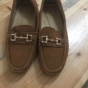 Brown Suede Loafers with Gold Buckle
